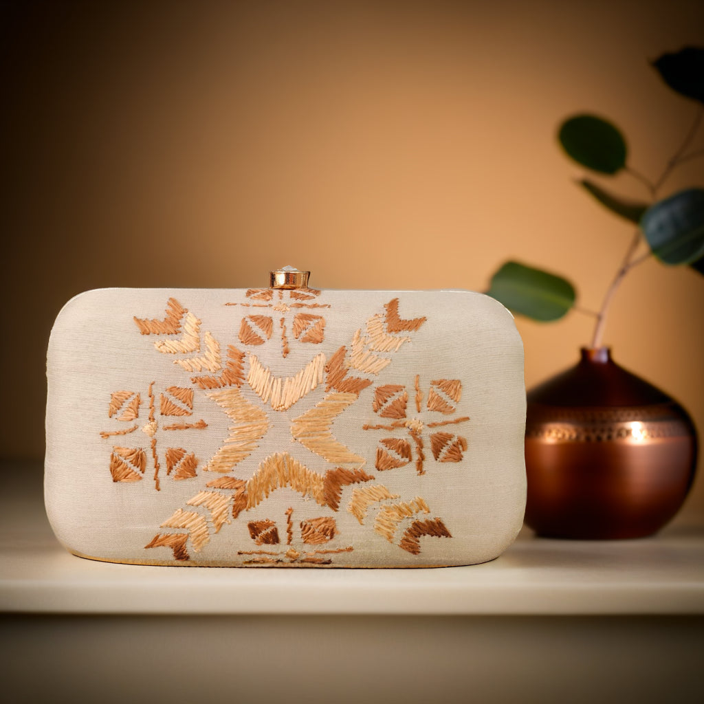 Hand Work Phulkari Clutch - Beige Golden - Rectangle