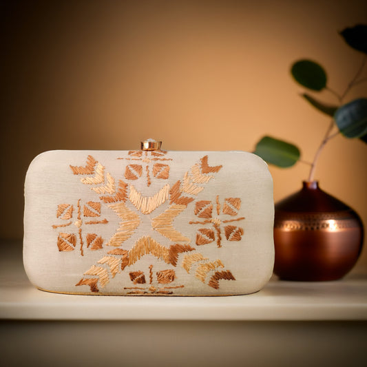 Hand Embroidered Phulkari Clutch - Beige Golden - Rectangle