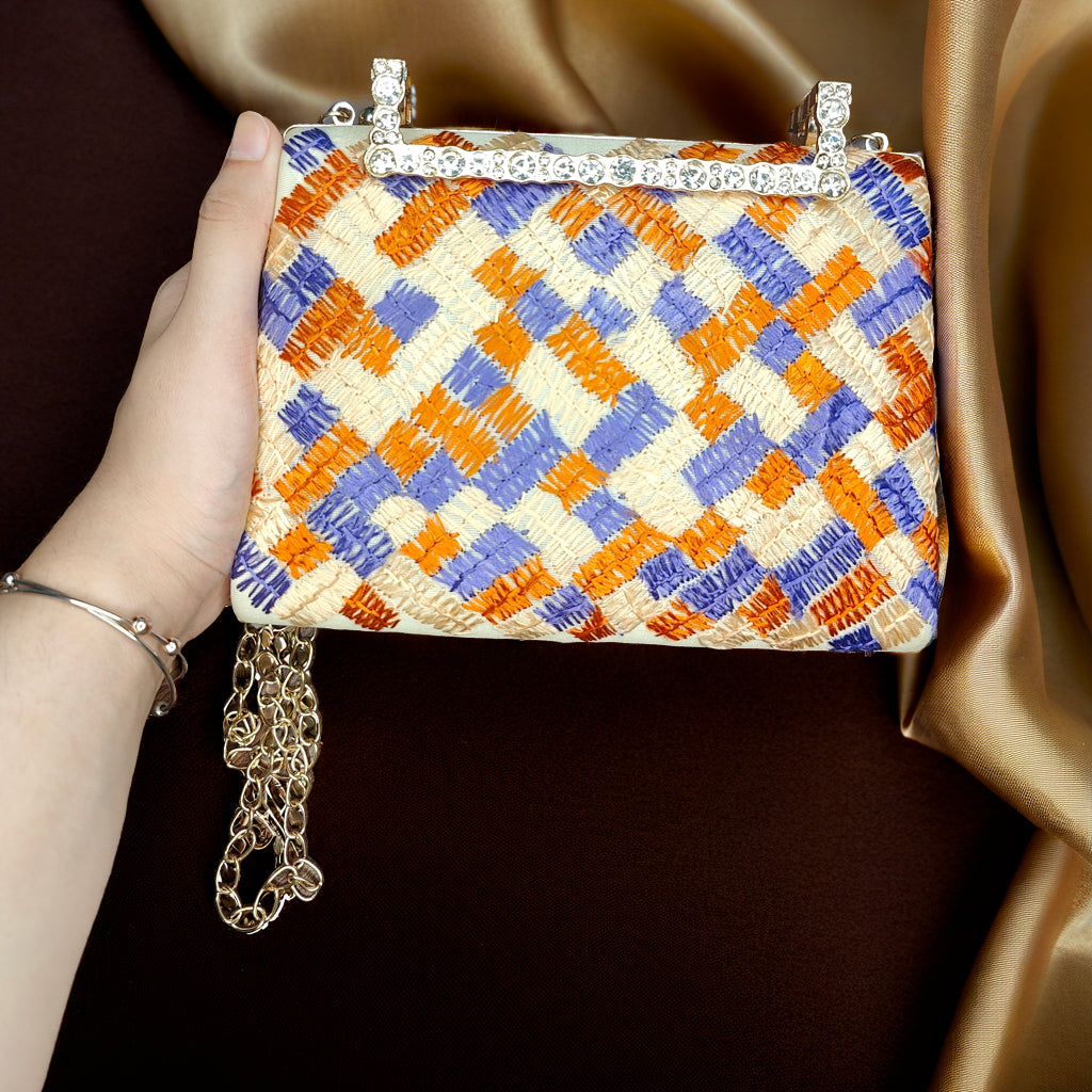 Hand Work Phulkari Clutch - Saffron Orchid 