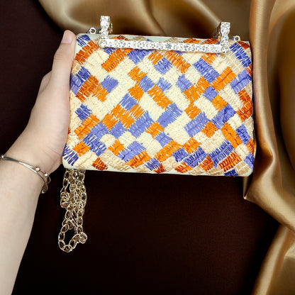Hand Work Phulkari Clutch - Saffron Orchid 