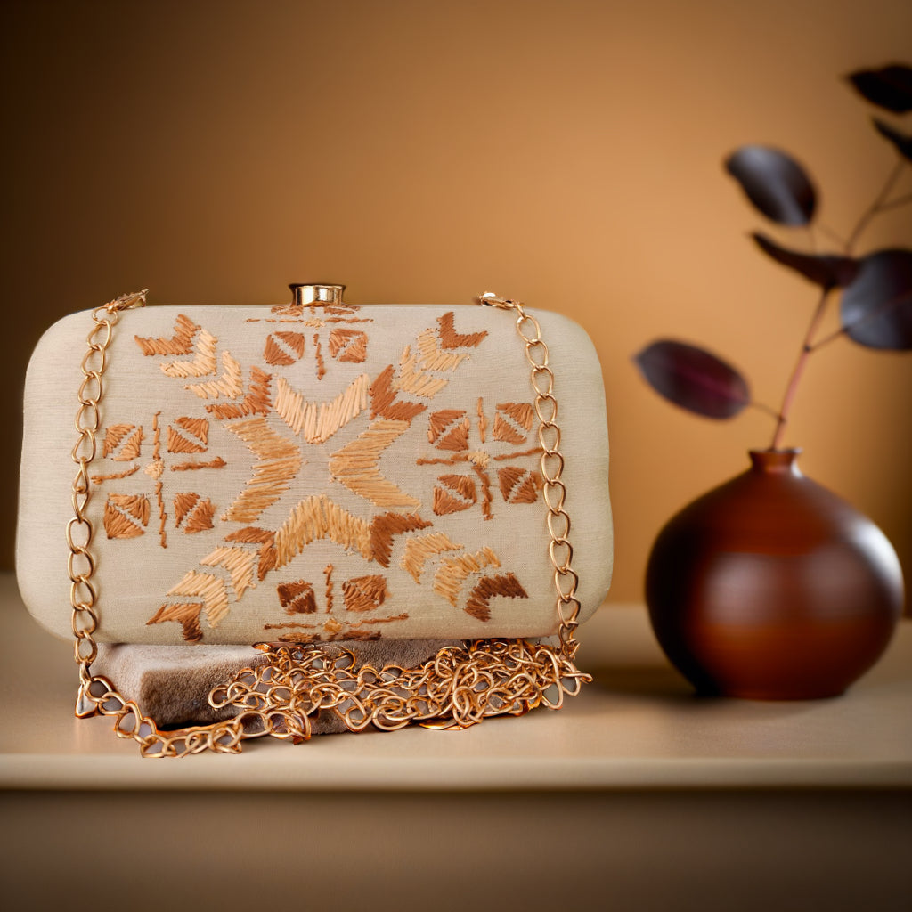 Hand Work Phulkari Clutch - Beige Golden - Rectangle