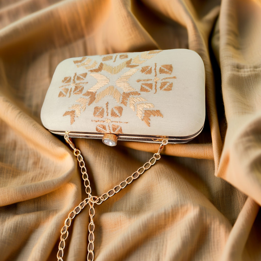 Hand Work Phulkari Clutch - Beige Golden - Rectangle