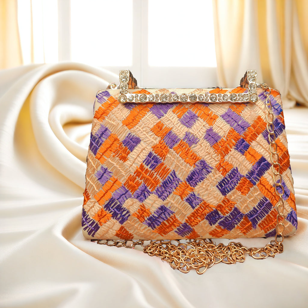 Hand Work Phulkari Clutch - Saffron Orchid 