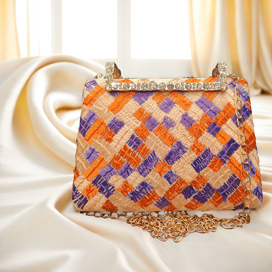 Hand Work Phulkari Clutch - Saffron Orchid 