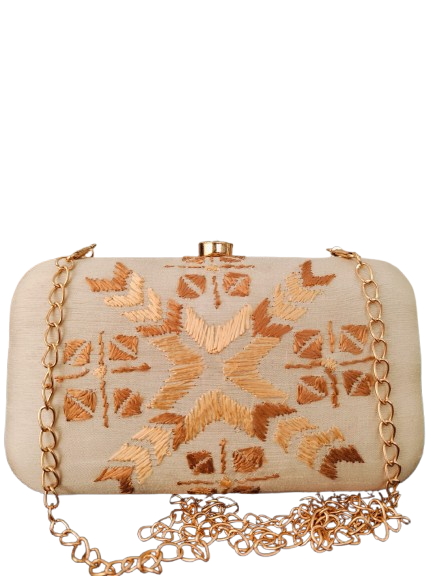 Hand Work Phulkari Clutch - Beige Golden - Rectangle