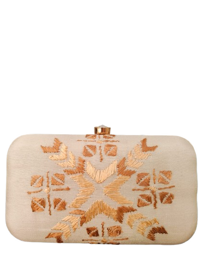 Hand Work Phulkari Clutch - Beige Golden - Rectangle