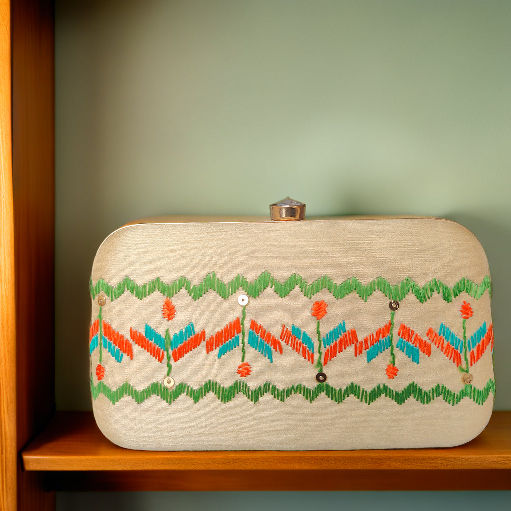 Hand Work Phulkari Clutch - Pure Gold - Rectangle