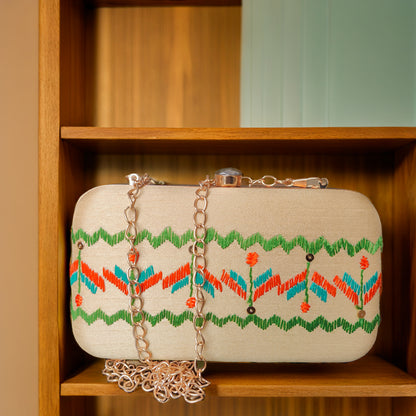 Hand Work Phulkari Clutch - Pure Gold - Rectangle