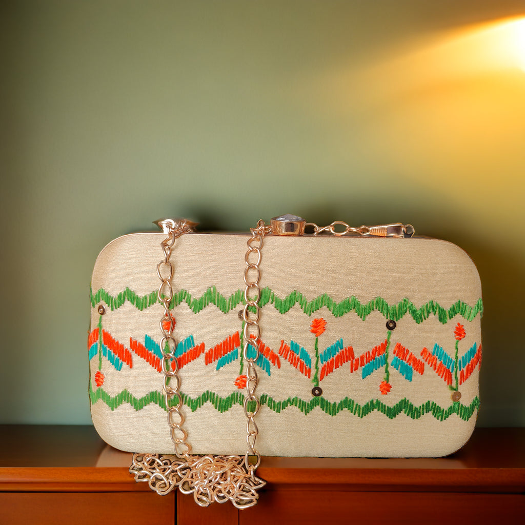 Hand Work Phulkari Clutch - Pure Gold - Rectangle