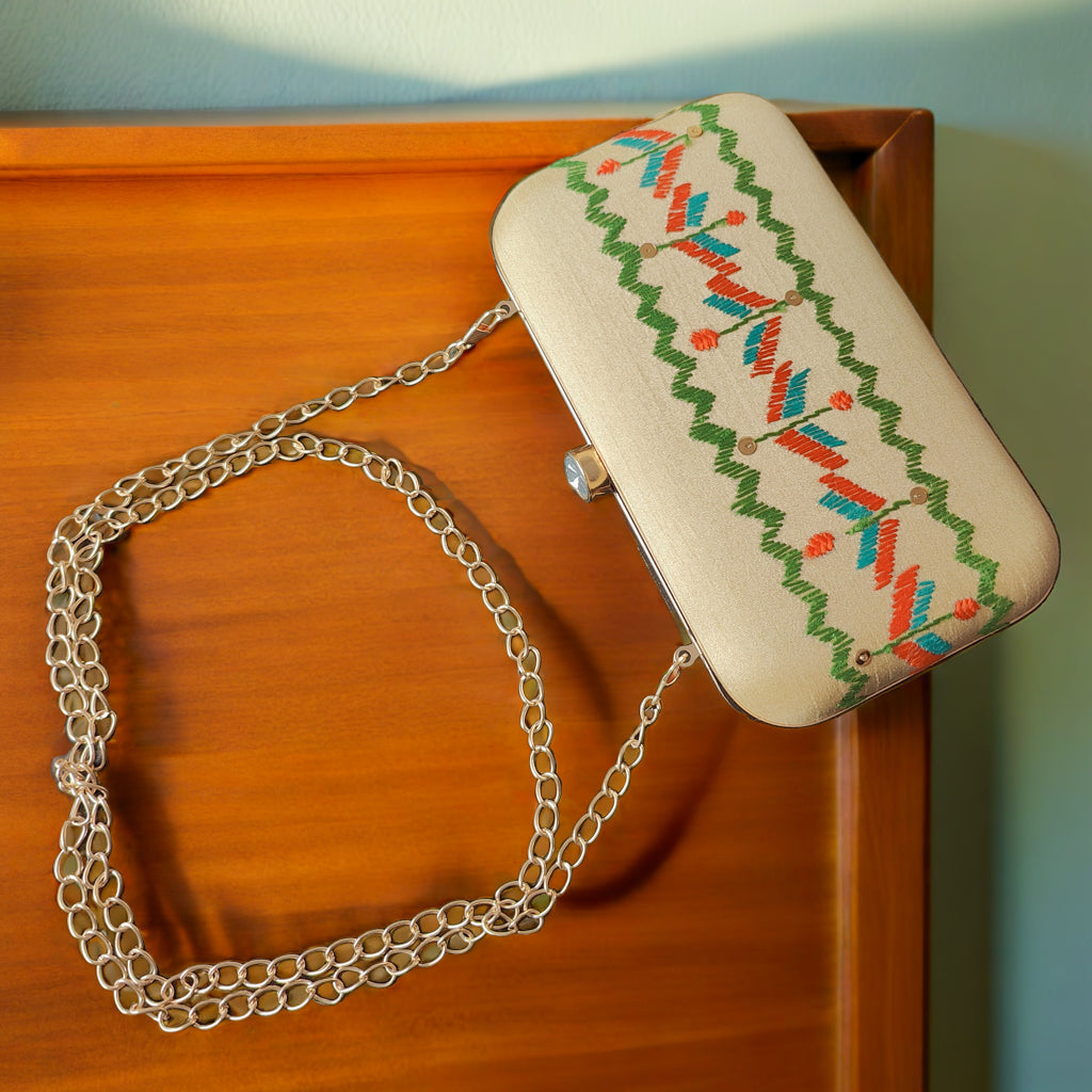 Hand Work Phulkari Clutch - Pure Gold - Rectangle
