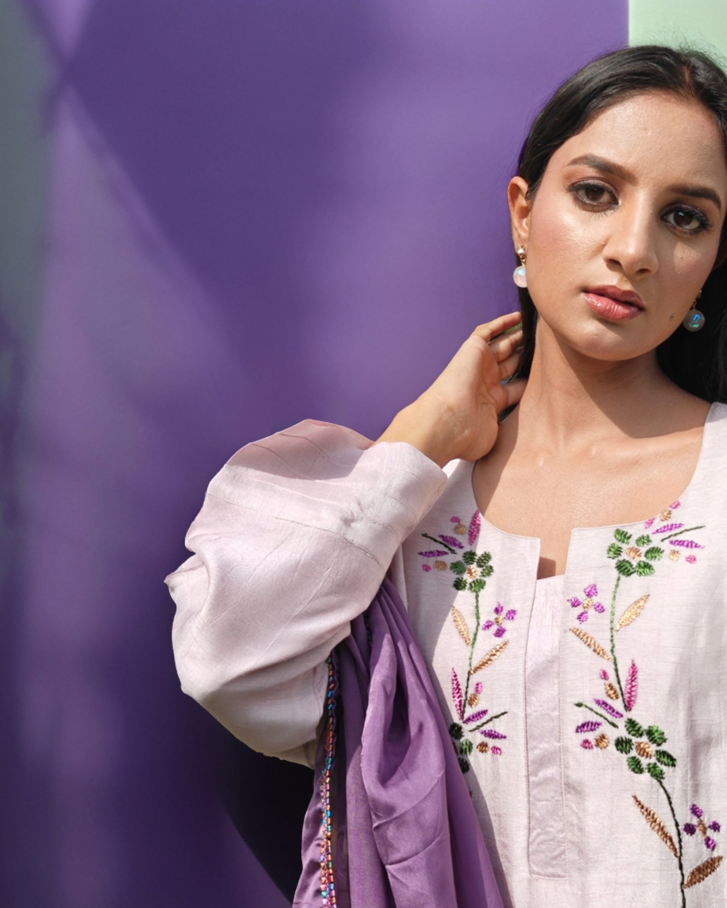 Pure Cotton Silk Hand Embroidered Phulkari Kurti - Dreamy Pastel Lavender