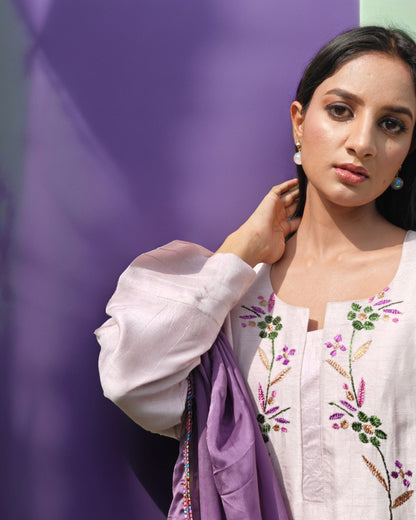 Pure Cotton Silk Hand Embroidered Phulkari Kurti - Dreamy Pastel Lavender