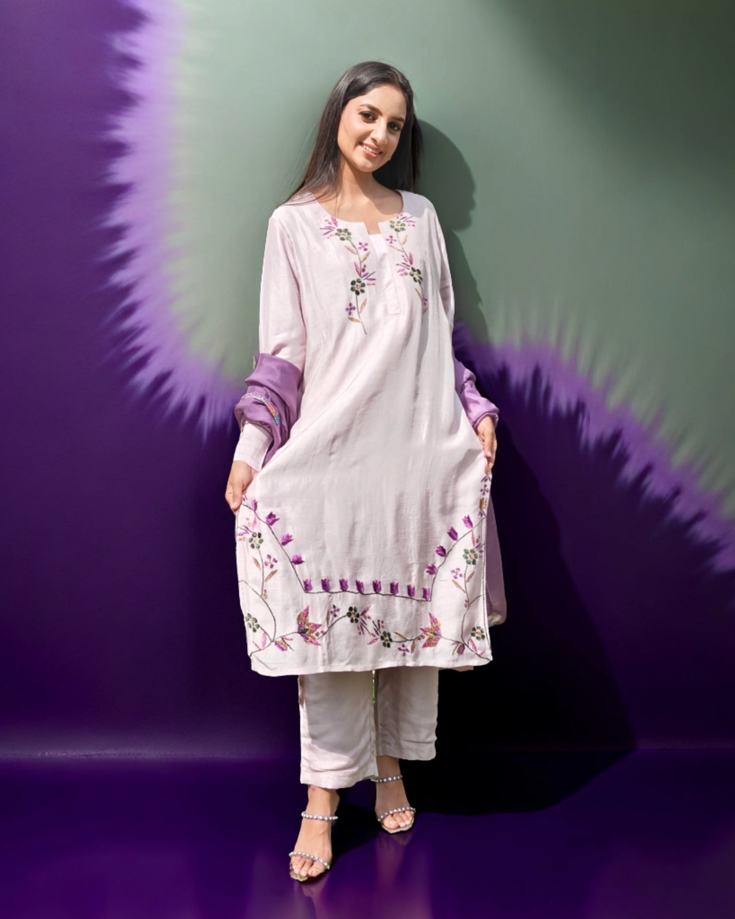 Pure Cotton Silk Hand Embroidered Phulkari Kurti - Dreamy Pastel Lavender