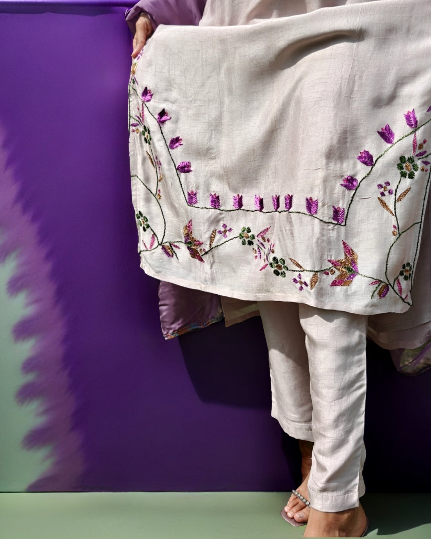 Pure Cotton Silk Hand Embroidered Phulkari Kurti - Dreamy Pastel Lavender