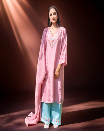 Hand Work Phulkari Suit with Dupatta and Palazo - Blushberry Pink