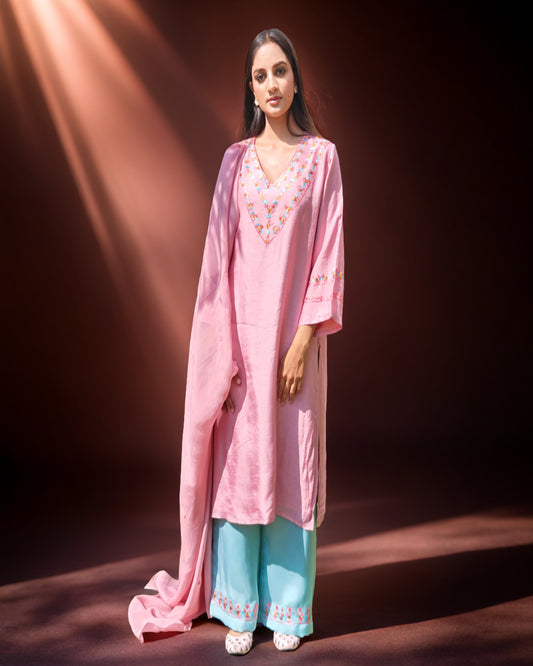 Hand Work Phulkari Suit with Dupatta and Palazo - Blushberry Pink