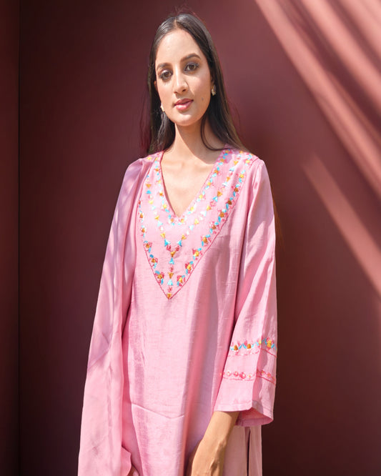 Pure Silk Hand Work Kurti - Blushberry Pink Kurti