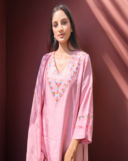 Hand Work Phulkari Suit with Dupatta and Palazo - Blushberry Pink