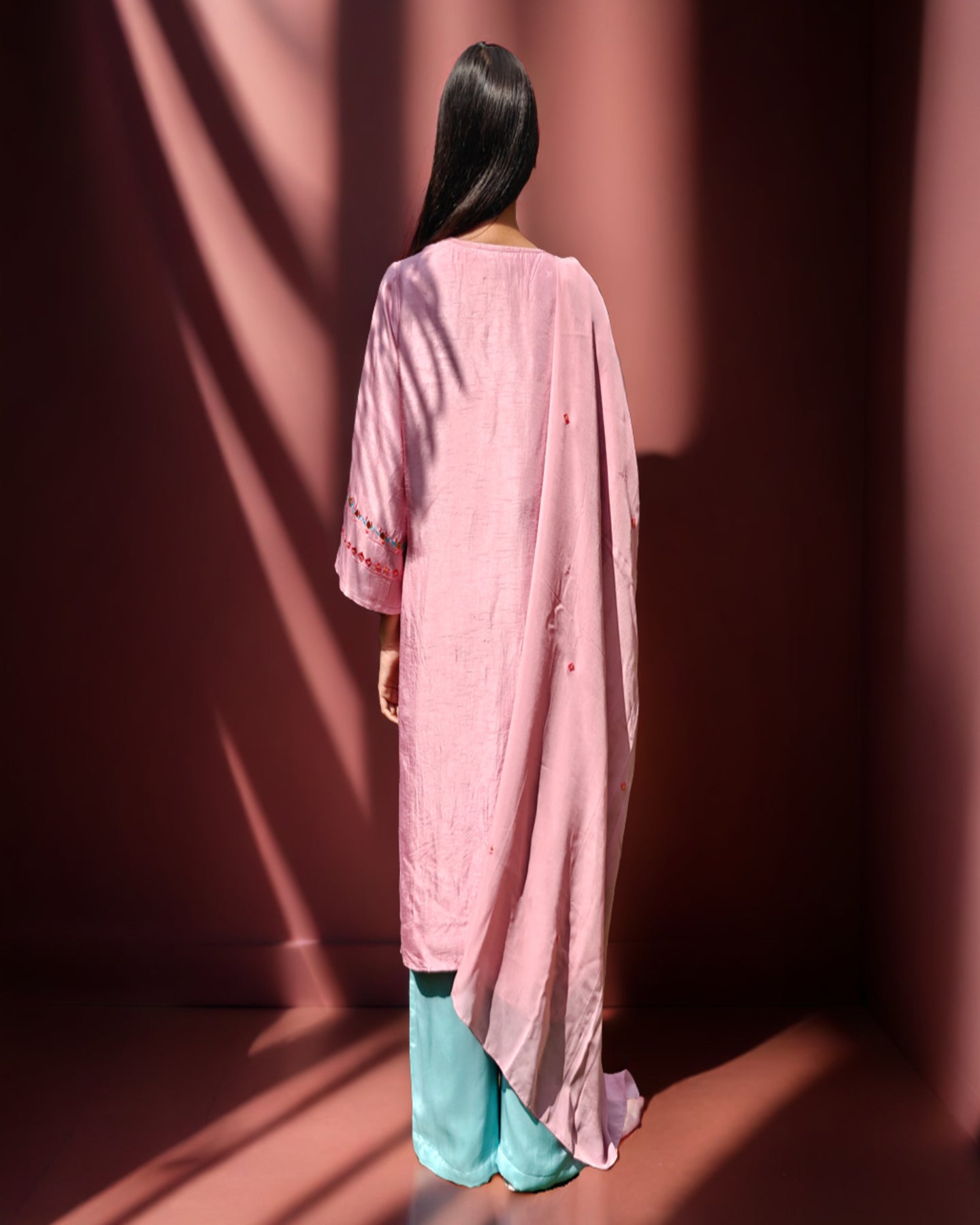 Hand Work Phulkari Suit with Dupatta and Palazo - Blushberry Pink