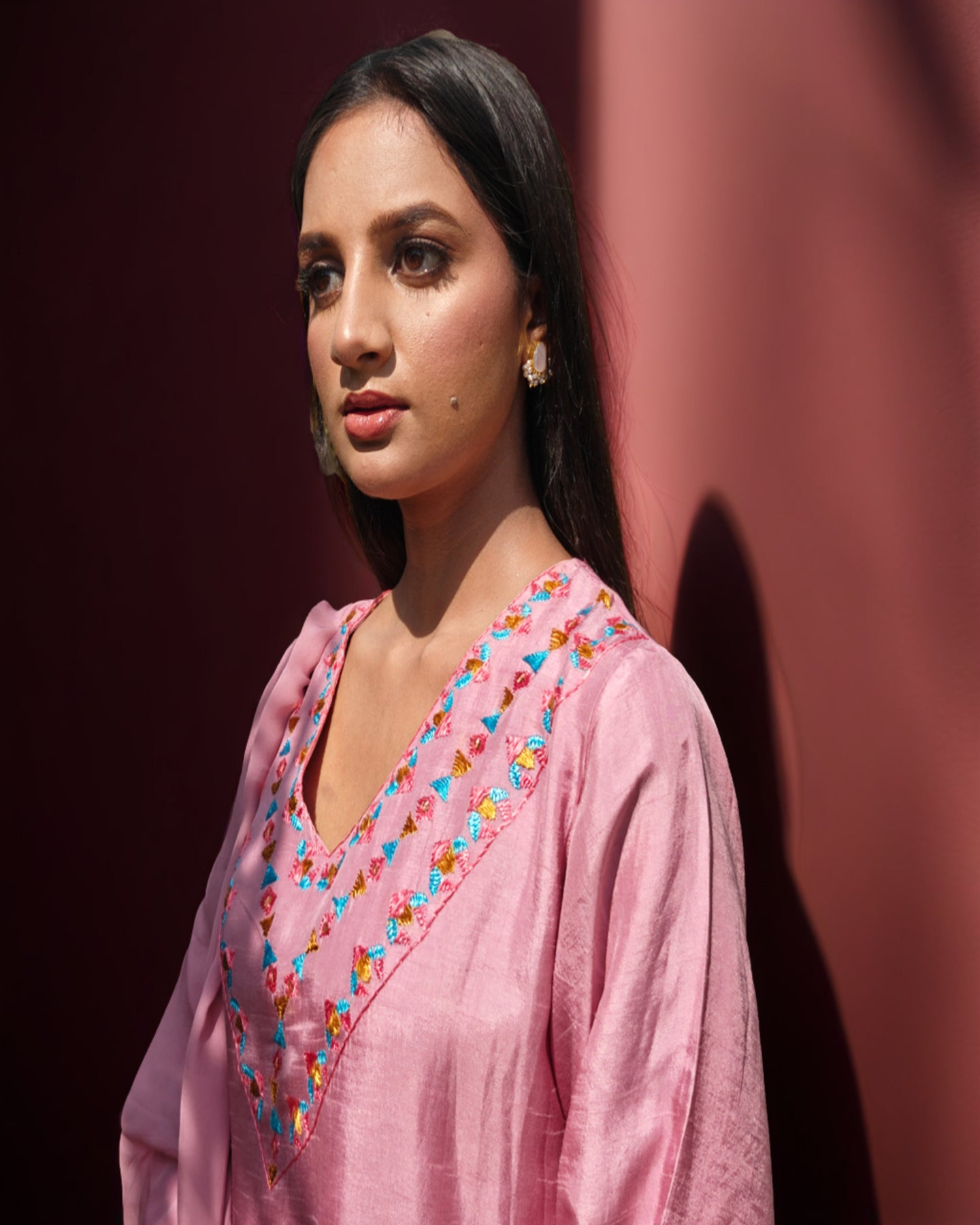 Hand Work Phulkari Suit with Dupatta and Palazo - Blushberry Pink