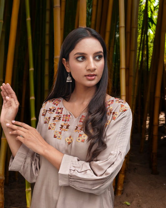 Pure Muslin Hand Work Phulkari Kurti - Brown