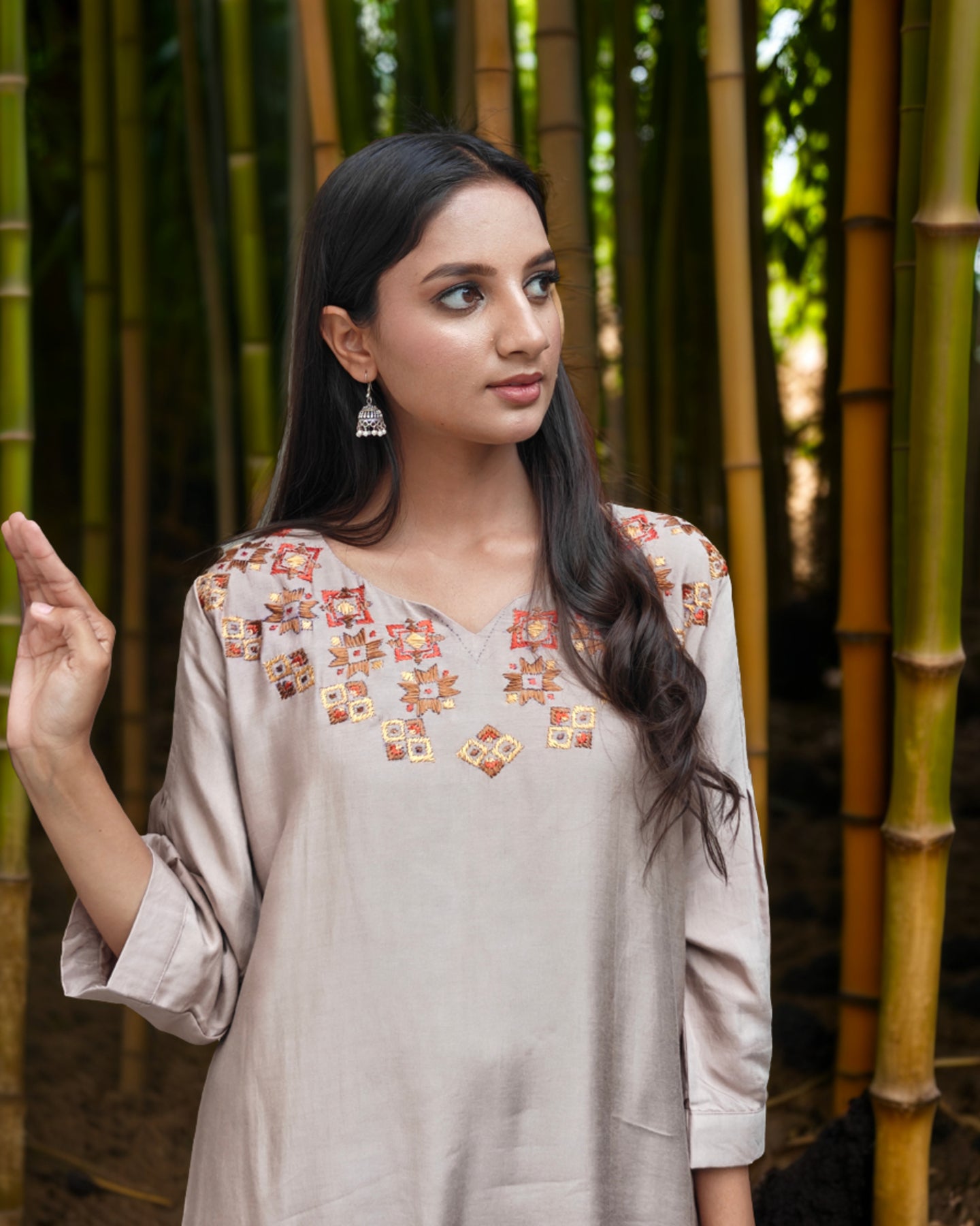 Pure Muslin Hand Work Phulkari Kurti - Brown