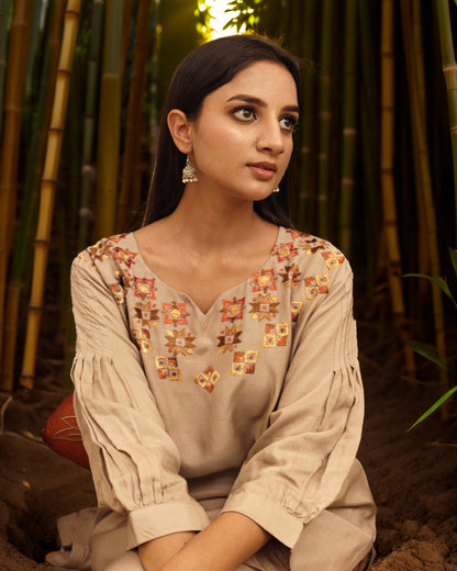 Pure Muslin Hand Work Phulkari Kurti - Brown