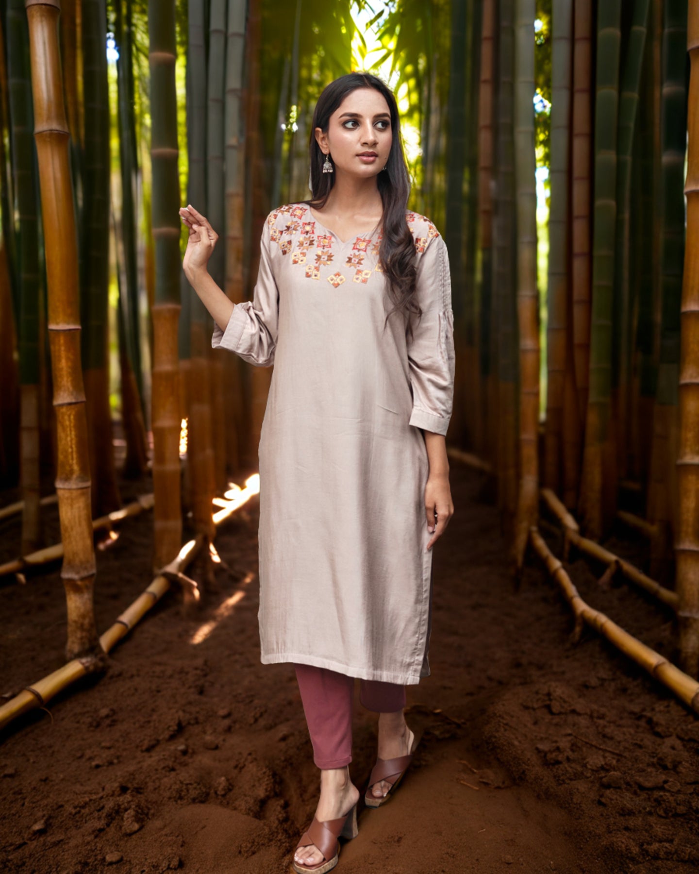 Pure Muslin Hand Work Phulkari Kurti - Brown