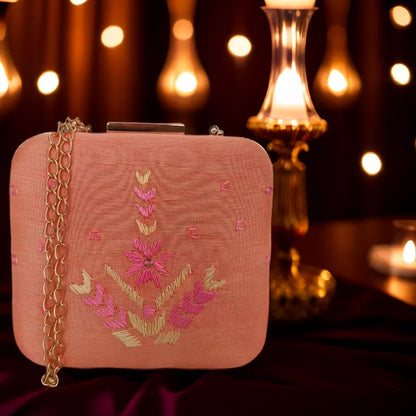 Pure Silk Hand Embroidered Phulkari Clutch - calm peach pink + Artisanal + Punjab + Tradition + Women + MakeInIndia + Handicraft + Motif + trend + festival wear + comfort wear + smart wear + trendy wear + indian ethnic + cultural wear + rakhi + diwali + ganesh cahturthi + friends wear + date wear + casual wear + indian wear + western wear + trendy attire + fashion + stylish + dinner + clutch + handbag + sling bag + classy + marriage essentials + bride wear