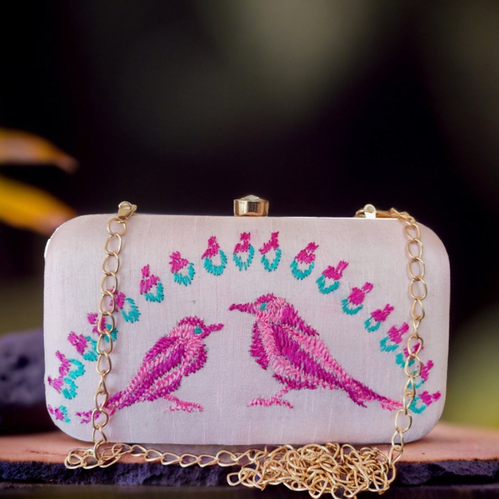 Hand Work Phulkari Clutch - Baby Pink - Rectangle