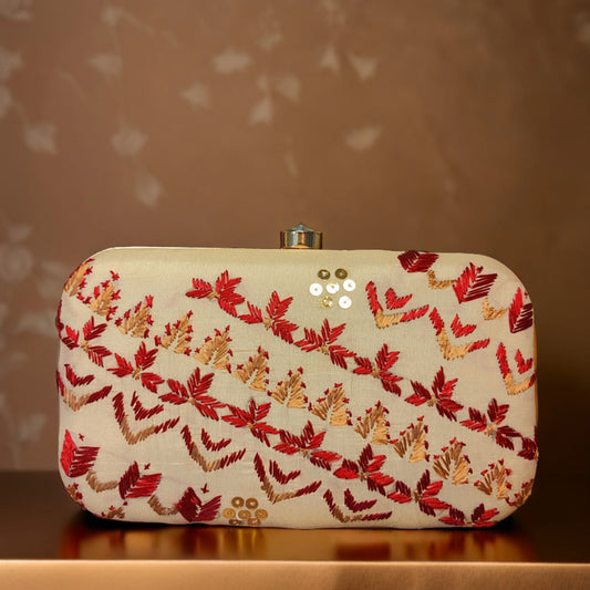 Hand Embroidered Phulkari Clutch - Beige Elegance