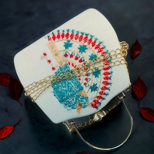Hand Embroidered Phulkari Clutch - Celestial Dove