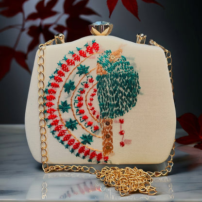 Hand Work Phulkari Clutch - Celestial Dove