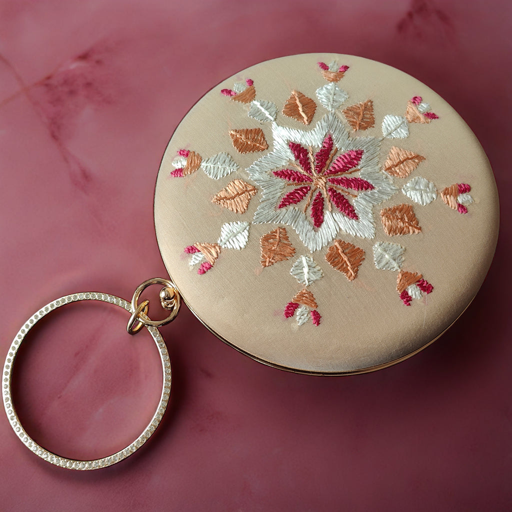 Pure Silk Hand Embroidered Phulkari Clutch - fawn cream pink+ Artisanal + Punjab + Tradition + Women + MakeInIndia + Handicraft +  trend + festival wear + comfort wear + smart wear + trendy wear + indian ethnic + cultural wear + rakhi + diwali + friends wear + date wear + casual wear + indian wear + western wear + trendy attire + fashion + stylish + dinner + clutch + handbag + sling bag + classy + marriage essentials + bride wear + punjab + panjab + handwork + vibrant + signature + trendy + luxury + best