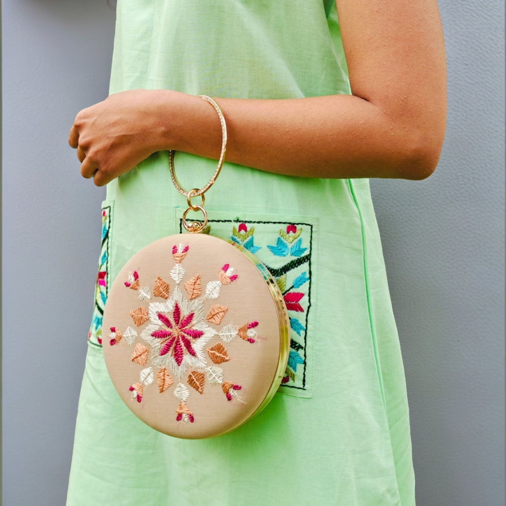 Hand Work Phulkari Clutch - Fawn Luxe- Round
