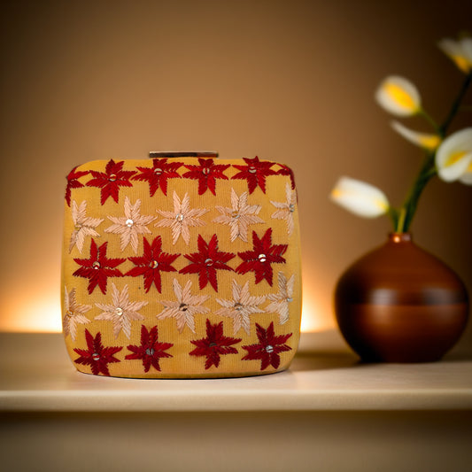Pure Silk Hand Embroidered Phulkari Clutch - golden yellow + Artisanal + Punjab + Tradition + Women + MakeInIndia + Handicraft + red golden Motif + trend + festival wear + comfort wear + smart wear + trendy wear + indian ethnic + cultural wear + rakhi + diwali + ganesh cahturthi + friends wear + date wear + casual wear + indian wear + western wear + trendy attire + fashion + stylish + dinner + clutch + handbag + sling bag + classy + marriage essentials + bride wear + punjab + panjab + handwork