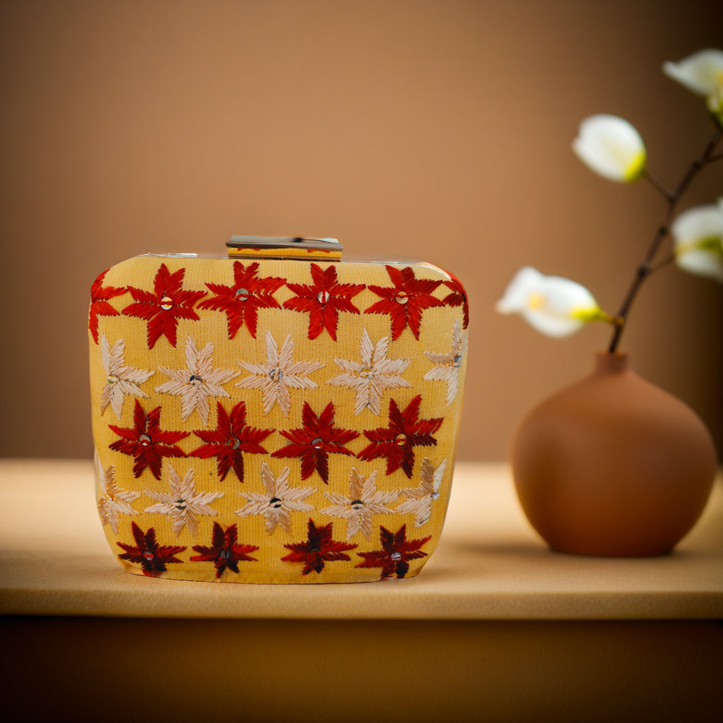 Pure Silk Hand Embroidered Phulkari Clutch - golden yellow + Artisanal + Punjab + Tradition + Women + MakeInIndia + Handicraft + red golden Motif + trend + festival wear + comfort wear + smart wear + trendy wear + indian ethnic + cultural wear + rakhi + diwali + ganesh cahturthi + friends wear + date wear + casual wear + indian wear + western wear + trendy attire + fashion + stylish + dinner + clutch + handbag + sling bag + classy + marriage essentials + bride wear + punjab + panjab + handwork