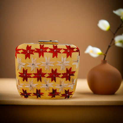 Pure Silk Hand Embroidered Phulkari Clutch - golden yellow + Artisanal + Punjab + Tradition + Women + MakeInIndia + Handicraft + red golden Motif + trend + festival wear + comfort wear + smart wear + trendy wear + indian ethnic + cultural wear + rakhi + diwali + ganesh cahturthi + friends wear + date wear + casual wear + indian wear + western wear + trendy attire + fashion + stylish + dinner + clutch + handbag + sling bag + classy + marriage essentials + bride wear + punjab + panjab + handwork