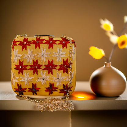 Pure Silk Hand Embroidered Phulkari Clutch - golden yellow + Artisanal + Punjab + Tradition + Women + MakeInIndia + Handicraft + red golden Motif + trend + festival wear + comfort wear + smart wear + trendy wear + indian ethnic + cultural wear + rakhi + diwali + ganesh cahturthi + friends wear + date wear + casual wear + indian wear + western wear + trendy attire + fashion + stylish + dinner + clutch + handbag + sling bag + classy + marriage essentials + bride wear + punjab + panjab + handwork