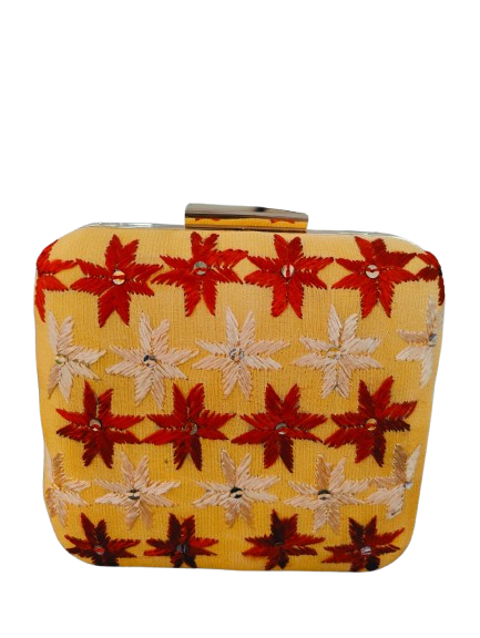 Pure Silk Hand Embroidered Phulkari Clutch - golden yellow + Artisanal + Punjab + Tradition + Women + MakeInIndia + Handicraft + red golden Motif + trend + festival wear + comfort wear + smart wear + trendy wear + indian ethnic + cultural wear + rakhi + diwali + ganesh cahturthi + friends wear + date wear + casual wear + indian wear + western wear + trendy attire + fashion + stylish + dinner + clutch + handbag + sling bag + classy + marriage essentials + bride wear + punjab + panjab + handwork