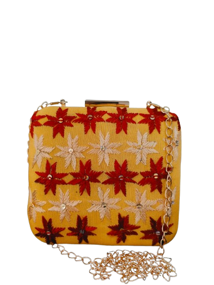 Pure Silk Hand Embroidered Phulkari Clutch - golden yellow + Artisanal + Punjab + Tradition + Women + MakeInIndia + Handicraft + red golden Motif + trend + festival wear + comfort wear + smart wear + trendy wear + indian ethnic + cultural wear + rakhi + diwali + ganesh cahturthi + friends wear + date wear + casual wear + indian wear + western wear + trendy attire + fashion + stylish + dinner + clutch + handbag + sling bag + classy + marriage essentials + bride wear + punjab + panjab + handwork