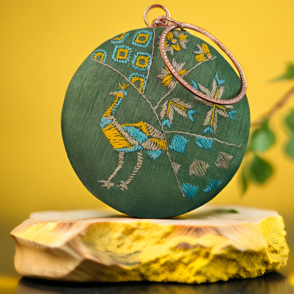 Pure Silk Hand Embroidered Phulkari Clutch - forest green + Artisanal + Punjab + Tradition + Women + MakeInIndia + Handicraft +  trend + festival wear + comfort wear + smart wear + trendy wear + indian ethnic + cultural wear + rakhi + diwali + ganesh cahturthi + friends wear + date wear + casual wear + indian wear + western wear + trendy attire + fashion + stylish + dinner + clutch + handbag + sling bag + classy + marriage essentials + bride wear + punjab + panjab + handwork + vibrant + signature