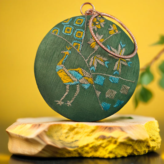 Pure Silk Hand Embroidered Phulkari Clutch - forest green + Artisanal + Punjab + Tradition + Women + MakeInIndia + Handicraft +  trend + festival wear + comfort wear + smart wear + trendy wear + indian ethnic + cultural wear + rakhi + diwali + ganesh cahturthi + friends wear + date wear + casual wear + indian wear + western wear + trendy attire + fashion + stylish + dinner + clutch + handbag + sling bag + classy + marriage essentials + bride wear + punjab + panjab + handwork + vibrant + signature