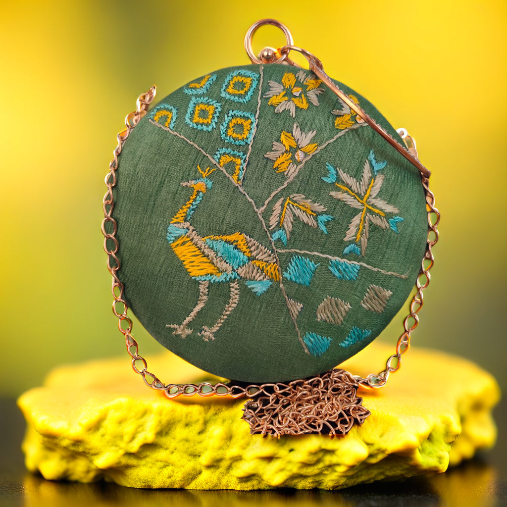 Pure Silk Hand Embroidered Phulkari Clutch - forest green + Artisanal + Punjab + Tradition + Women + MakeInIndia + Handicraft +  trend + festival wear + comfort wear + smart wear + trendy wear + indian ethnic + cultural wear + rakhi + diwali + ganesh cahturthi + friends wear + date wear + casual wear + indian wear + western wear + trendy attire + fashion + stylish + dinner + clutch + handbag + sling bag + classy + marriage essentials + bride wear + punjab + panjab + handwork + vibrant + signature