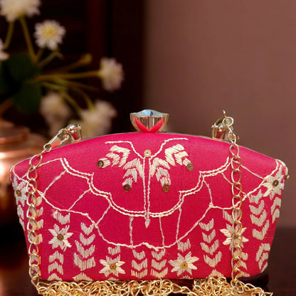 Hand Work Phulkari Clutch - Majenta Elegance