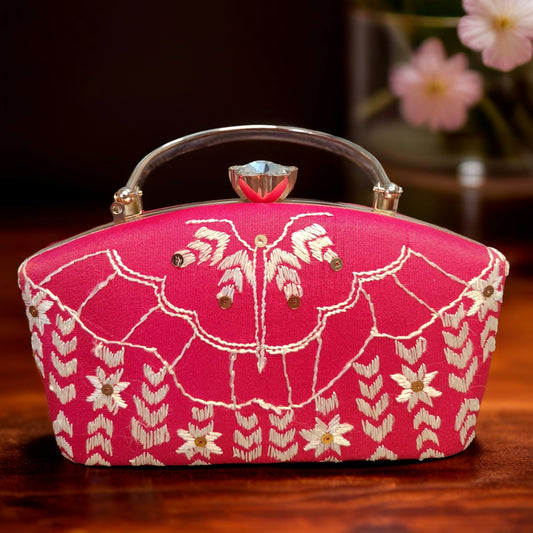 Hand Embroidered Phulkari Clutch - Majenta Elegance