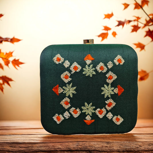 Pure Silk Hand Embroidered Phulkari Clutch -dark green majestic+ Artisanal + Punjab + Tradition + Women + MakeInIndia + Handicraft +  trend + festival wear + comfort wear + smart wear + trendy wear + indian ethnic + cultural wear + rakhi + diwali + friends wear + date wear + casual wear + indian wear + western wear + trendy attire + fashion + stylish + dinner + clutch + handbag + sling bag + classy + marriage essentials + bride wear + punjab + panjab + handwork + vibrant + signature + trendy + luxury + best