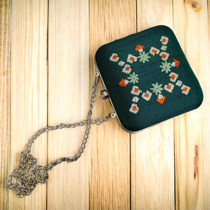 Pure Silk Hand Embroidered Phulkari Clutch -dark green majestic+ Artisanal + Punjab + Tradition + Women + MakeInIndia + Handicraft +  trend + festival wear + comfort wear + smart wear + trendy wear + indian ethnic + cultural wear + rakhi + diwali + friends wear + date wear + casual wear + indian wear + western wear + trendy attire + fashion + stylish + dinner + clutch + handbag + sling bag + classy + marriage essentials + bride wear + punjab + panjab + handwork + vibrant + signature + trendy + luxury + best