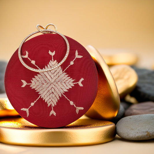 Hand Embroidered Phulkari Clutch - Royal Maroon - Round