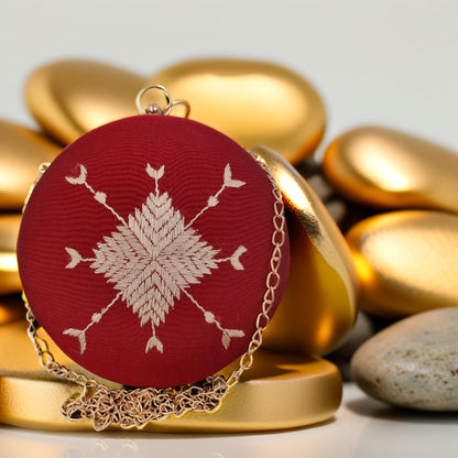 Hand Work Phulkari Clutch - Royal Maroon - Round
